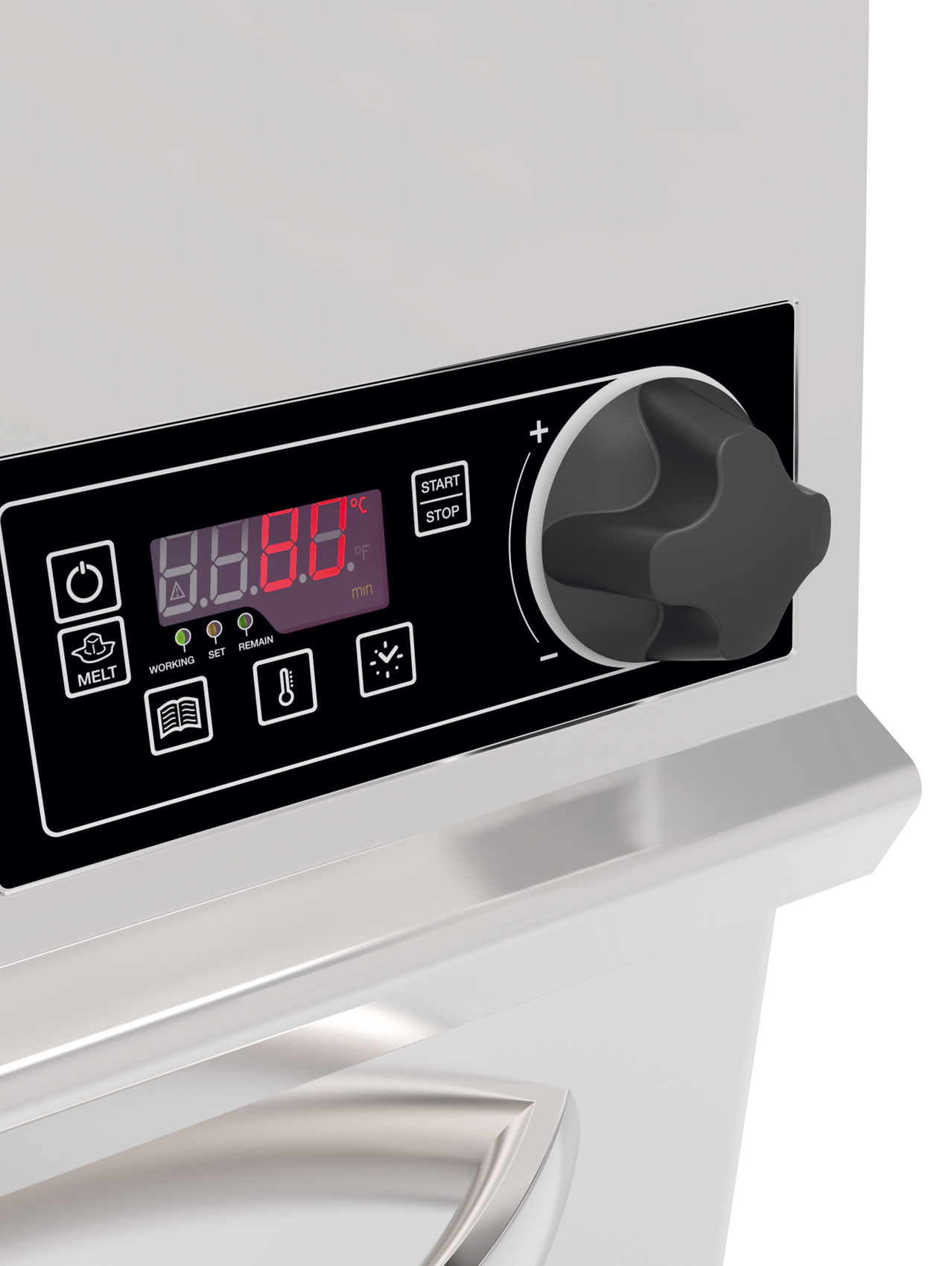 Pannello di controllo elettronico che segna una temperatura di 80°